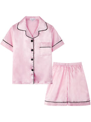 Girls Pajamas Set V Neck Button Short Sleeve Top & Shorts Kids Summer Outfit
