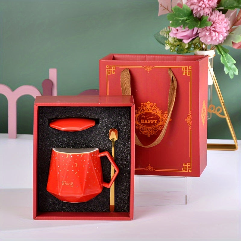 Ramadan Gift: 13oz Ceramic Cup With Spoon, Star & Moon Pattern