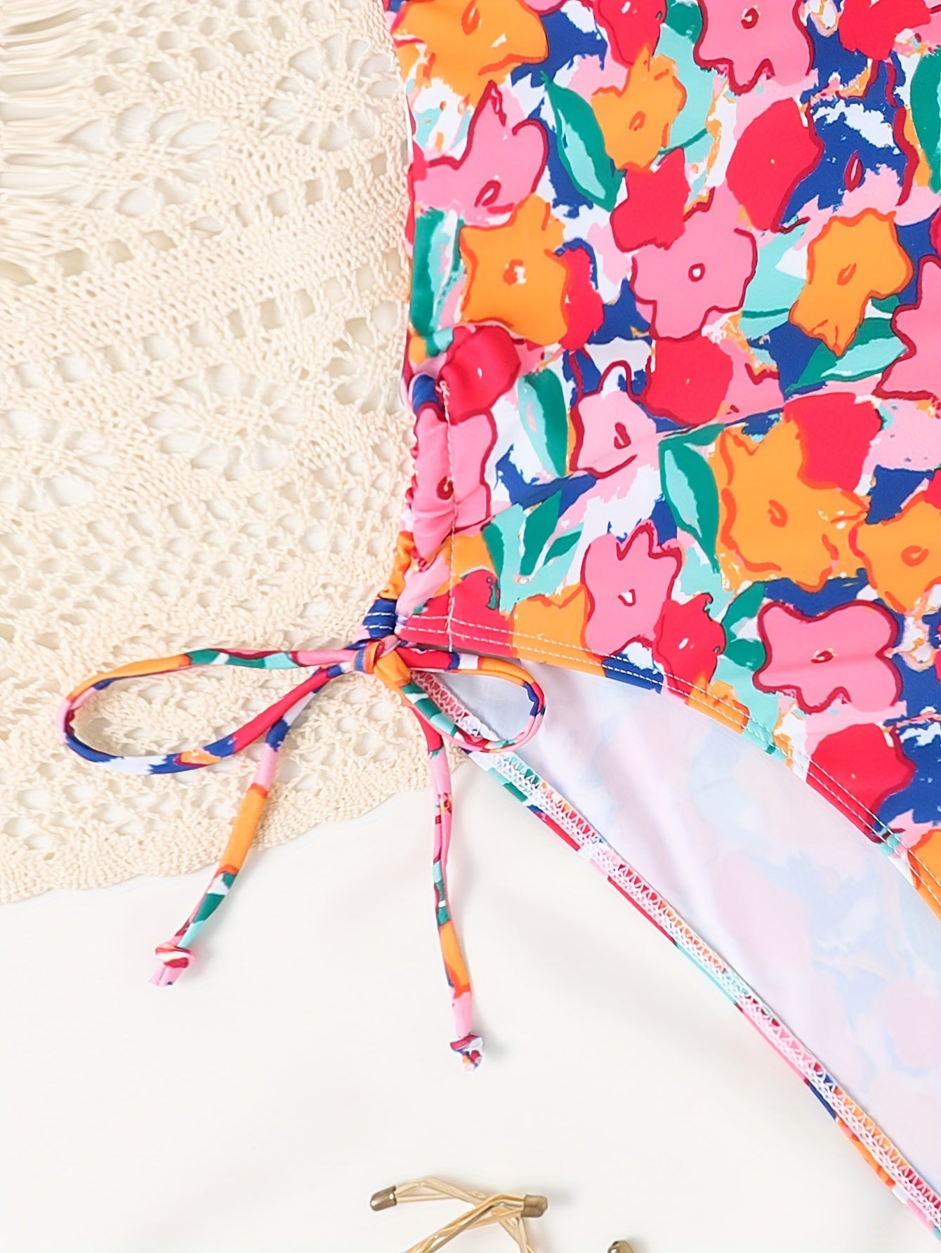 Floral Print Lace Up Side One Piece Bathing Suit