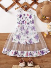 Toddler Girls Flowers Graphic Frill Trim Shirred Mesh Spliced Cami Rompers