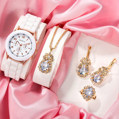 Kids Silicone Quartz Watch & Rhinestone Jewelry Set