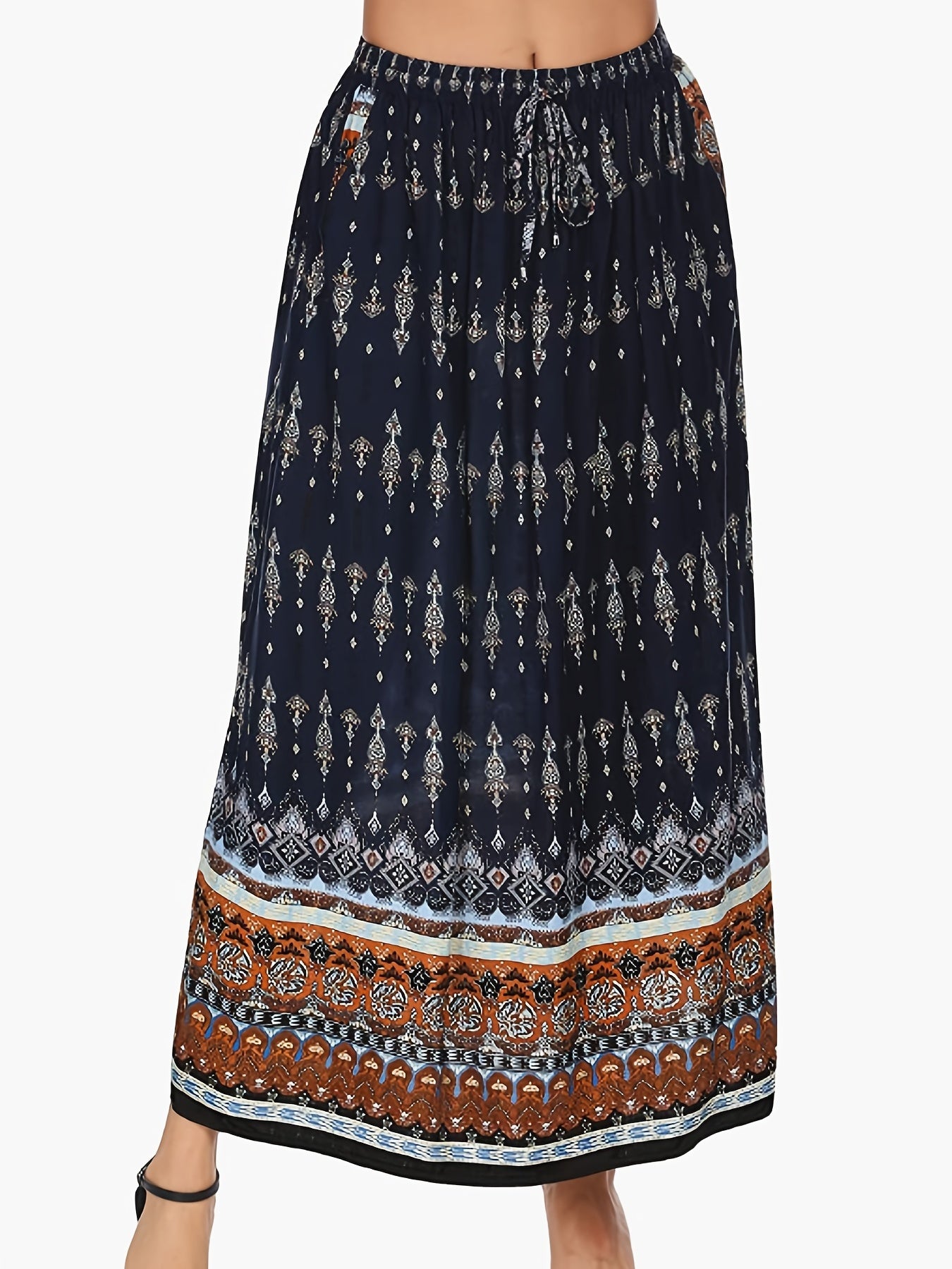 Boho Paisley Print Maxi Skirt Ethnic Elastic Waist High Stretch