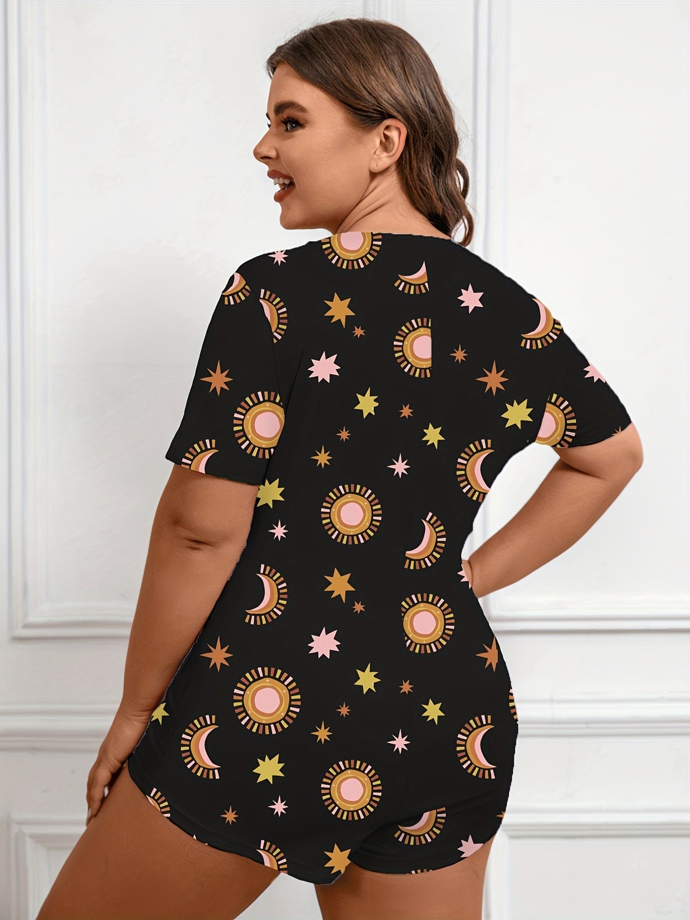 Sun & Moon & Star Print Button Up Romper