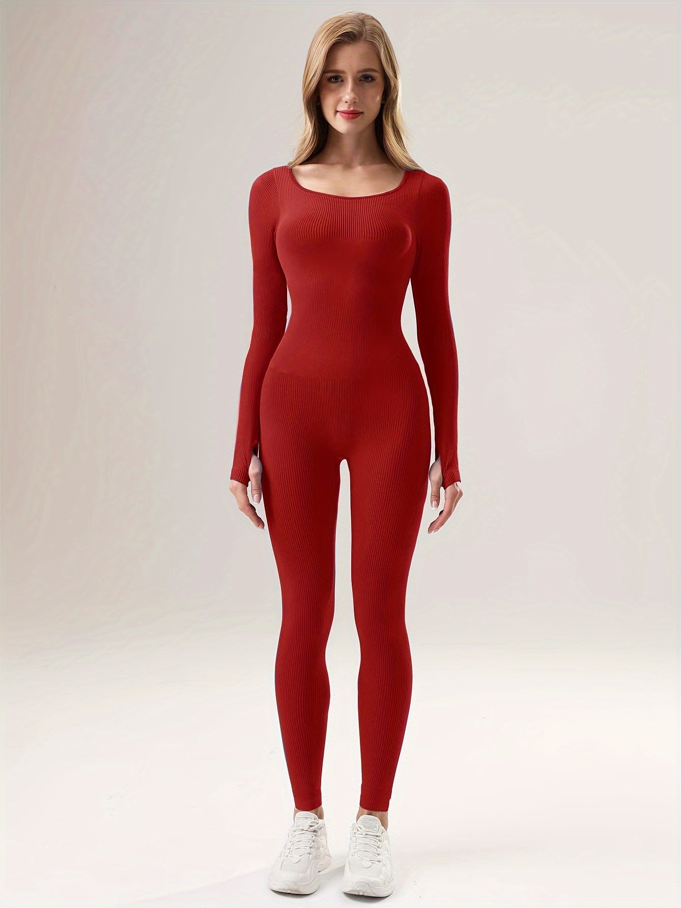 Long Sleeve Yoga Jumpsuit Solid Thumb Hole Sports Bodysuit
