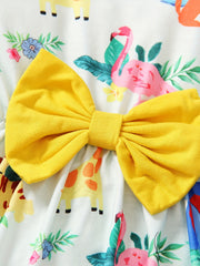 Baby Girls' Bowknot Front Cartoon Animals Full Print Long Sleeve Princess Dress