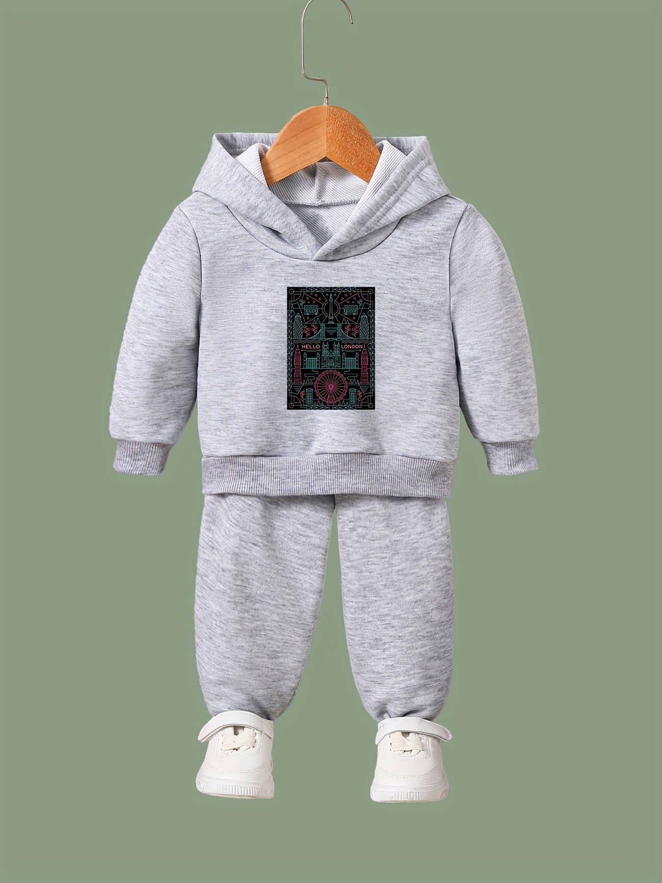 Girls Building Print Hoodie Jogger Pants Set Sports
