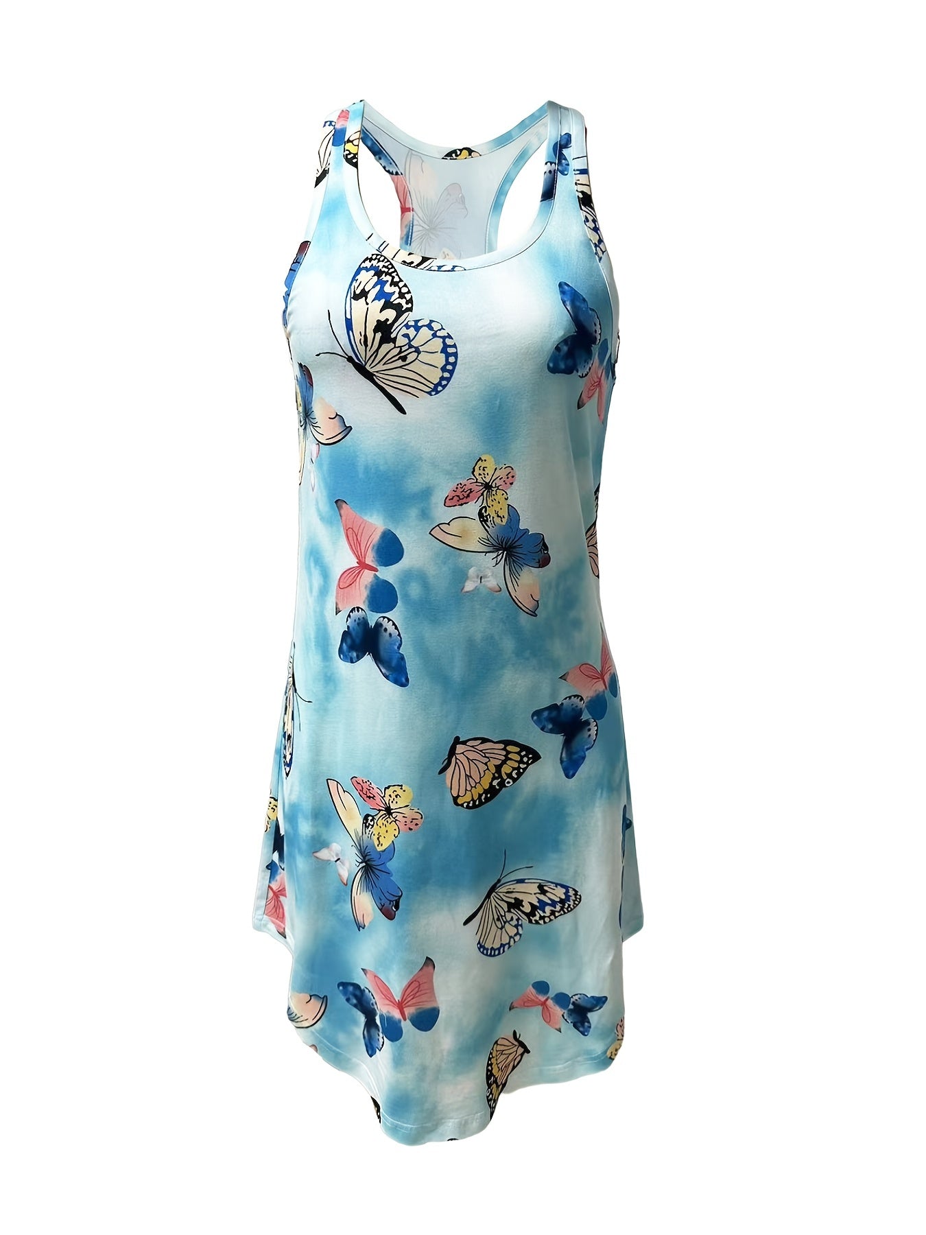 Butterfly Print Lounge Dress Sleeveless Crew Neck Comfy Home Dress