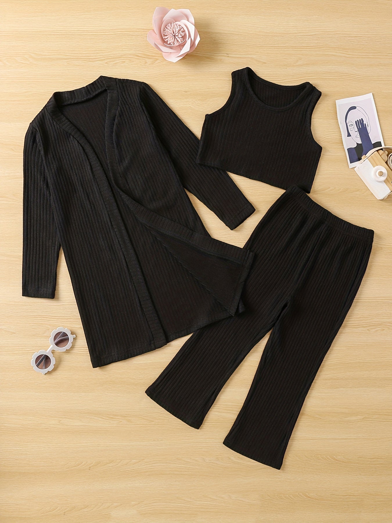 Girl's Cable Knit 2pcs Cardigan & Tank Top & Pants Set