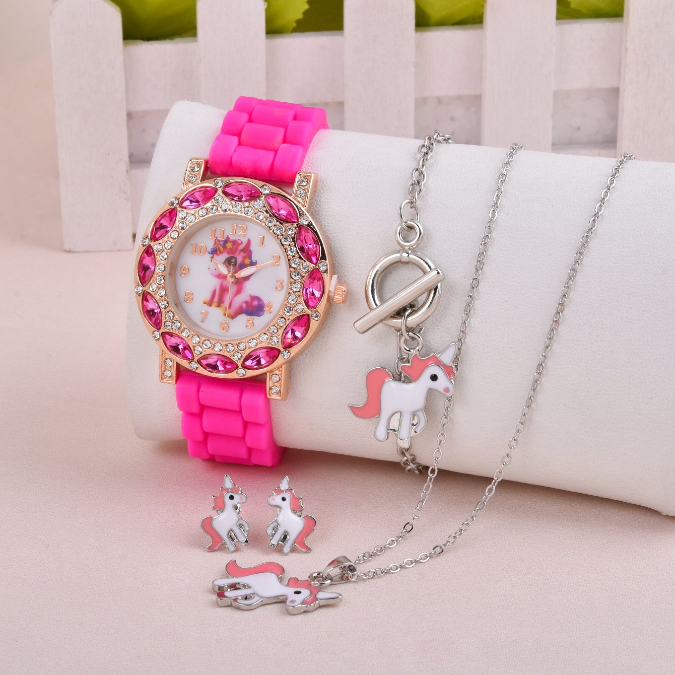 Unicorn Watch Necklace Earrings Set for Girls