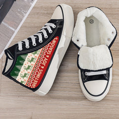 Christmas Plush Lined Thermal Canvas Sneakers - Non Slip High Top Shoes