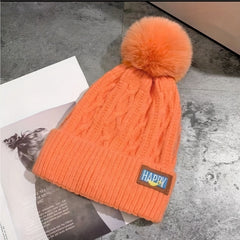 Women's Winter Padded Hat Warm Wool Cap Woolen Pom Pom Knitted Hat