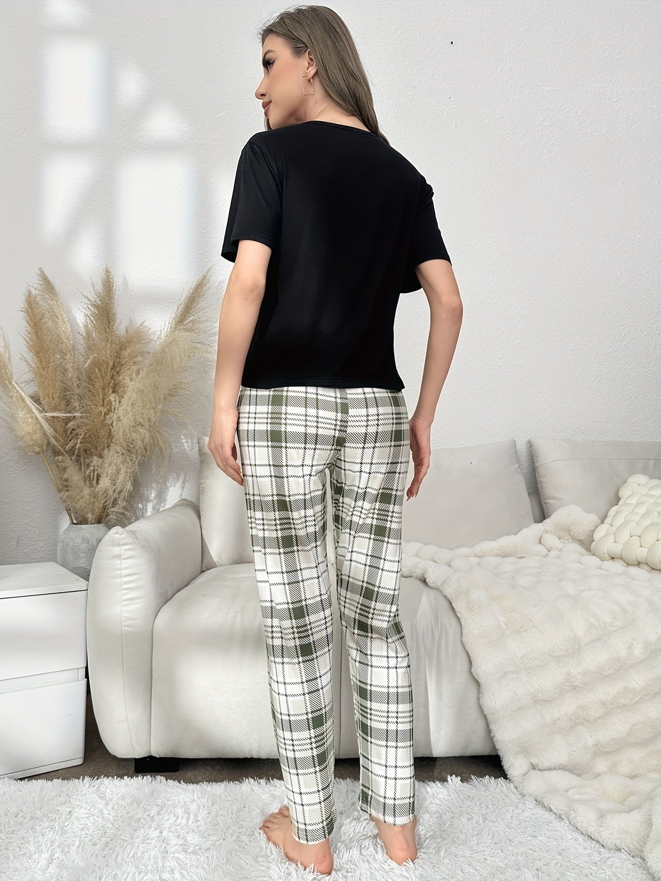 Sloth Print Pajama Set Short Sleeve Top & Plaid Pants Women's Sleepwear
