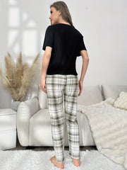Sloth Print Pajama Set Short Sleeve Top & Plaid Pants Women's Sleepwear