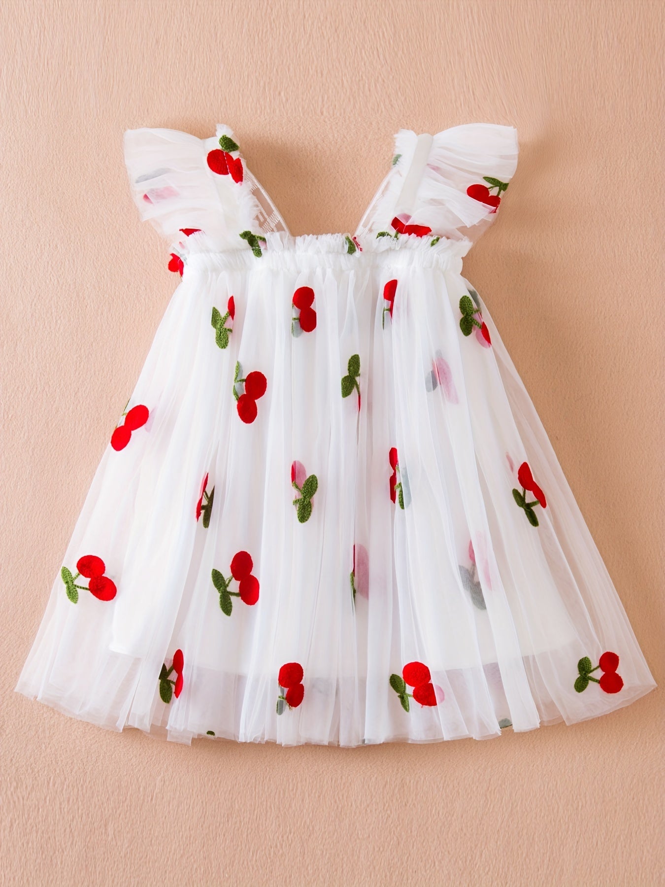 Toddler Girls Cherry Embroidery Mesh Puffy Dress