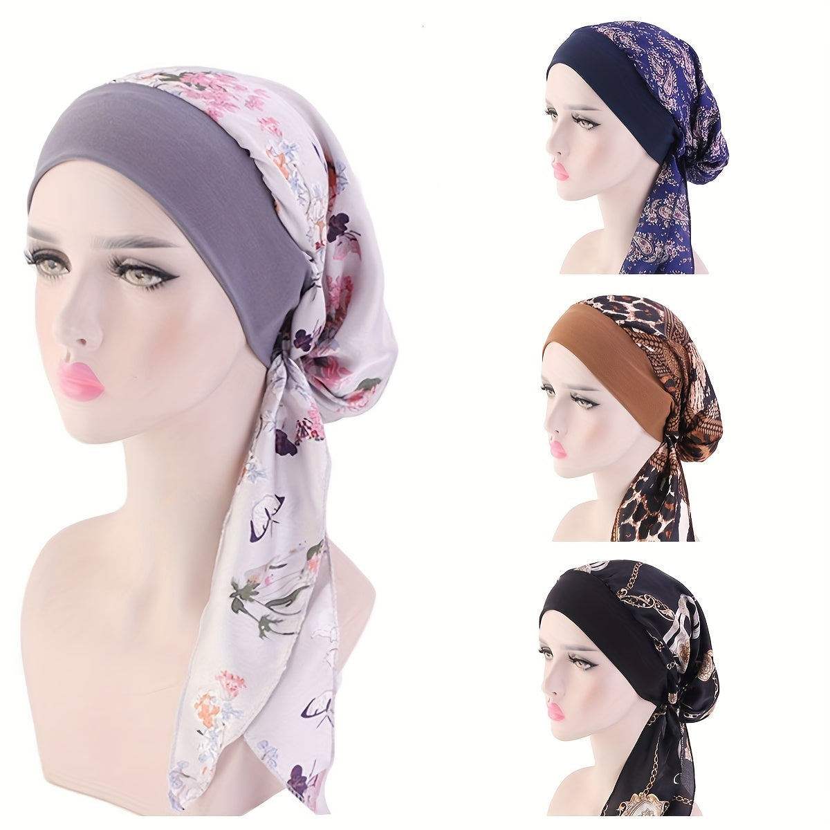 Print Lace Up Bonnet Cap Long Hair Satin Silky Night Cap