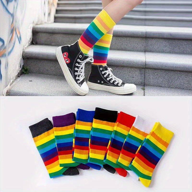 7 Pairs Rainbow Striped Socks Mid Tube Women's Stockings
