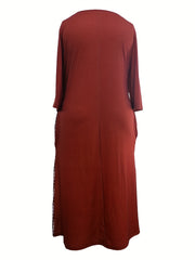 Colorblock Plaid Print Three Quarter Sleeve Round Neck Maxi Dress