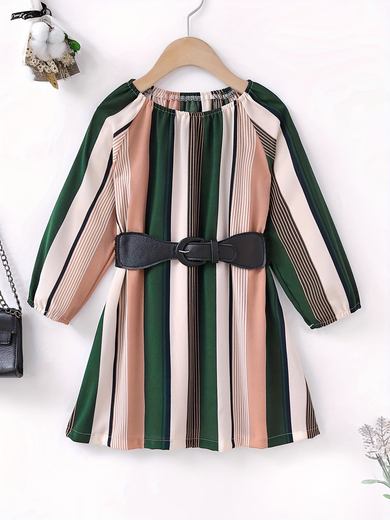 Retro Stripe Print Long Sleeve Dress With Belt