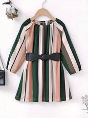 Retro Stripe Print Long Sleeve Dress With Belt