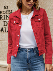 Long Sleeves Lapel Denim Jackets Flap Pockets Single Breasted Button