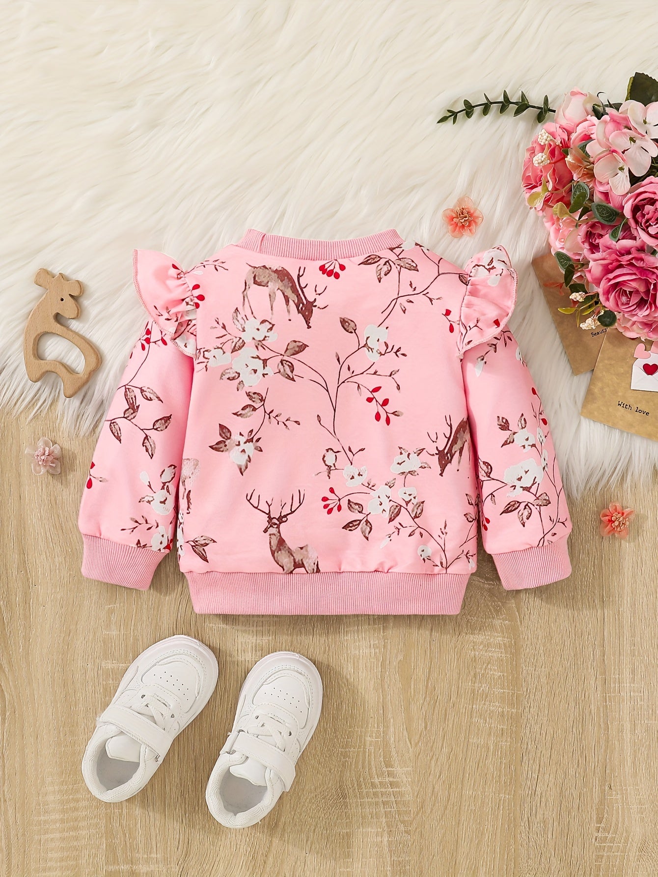 Baby Girls Fawn Floral Print Ribbed Flutter Sleeve Pullover Round Neck Tops