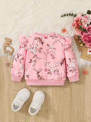 Baby Girls Fawn Floral Print Ribbed Flutter Sleeve Pullover Round Neck Tops