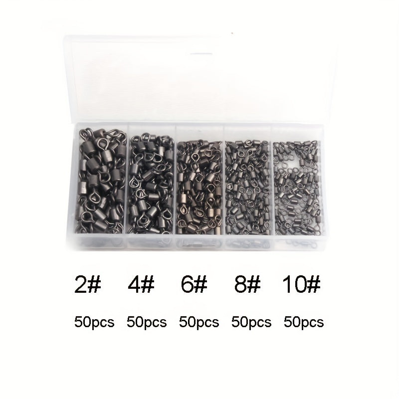 250pcs Fishing Rolling Barrel Swivel Line Hook Connector 5 Sizes with Box