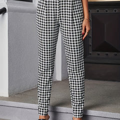 Gingham Print Slim Pants High Waist Long Length