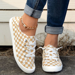 Women's Checkerboard Pattern Casual Sneakers Lace up Lightweight Walking Shoes