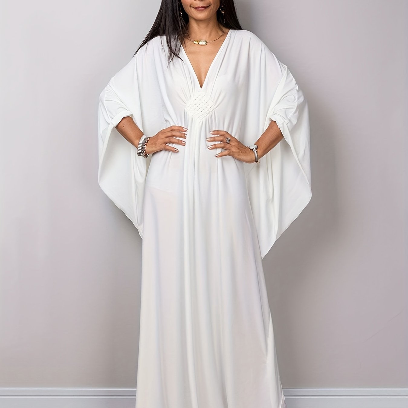 Boho Cover Up Solid Chinese Knot Bat Sleeve V Neck Maxi Dress