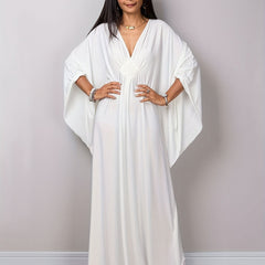 Boho Cover Up Solid Chinese Knot Bat Sleeve V Neck Maxi Dress