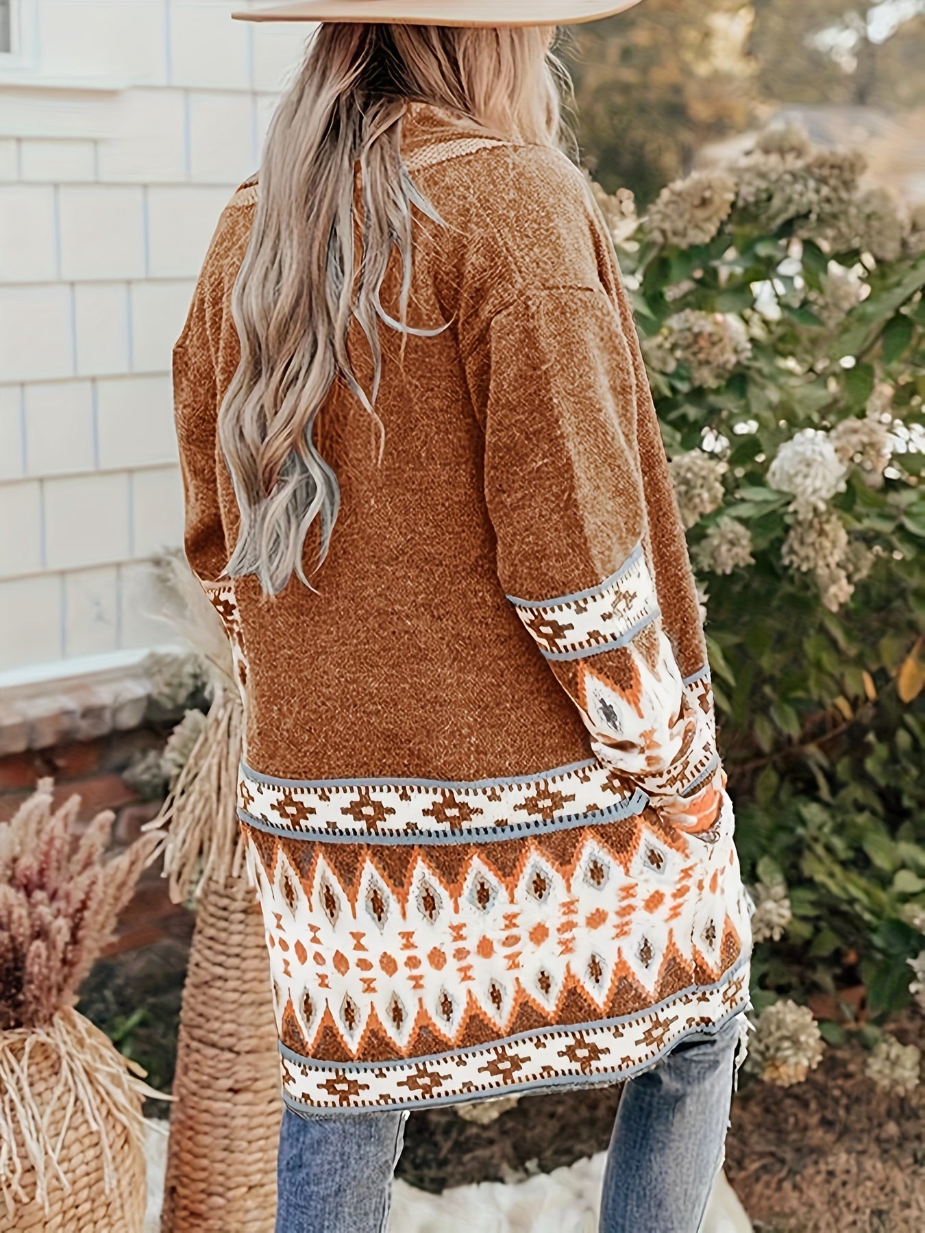Geometric Print Long Sleeve Cardigan with Pockets