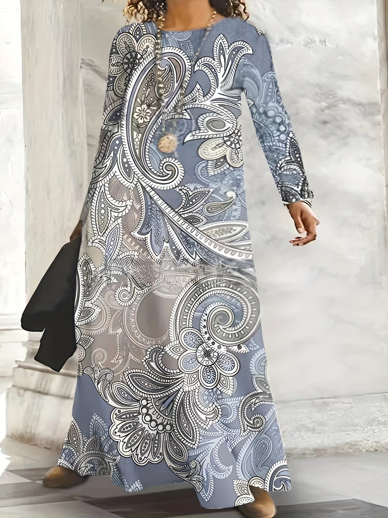 Boho Paisley Print Long Sleeve Maxi Dress