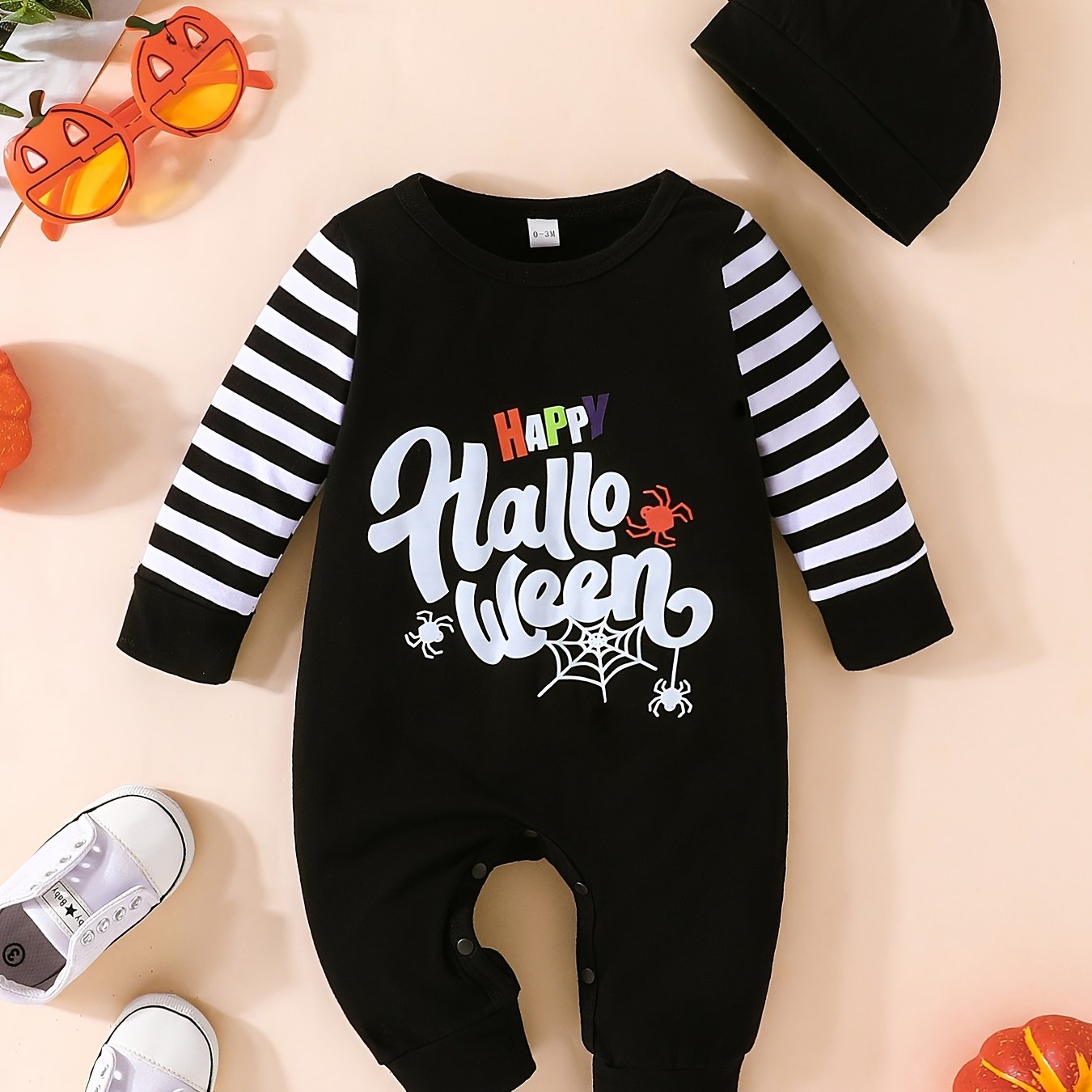 Halloween Striped Long Sleeve Romper Set Baby Bodysuit Hat 2pcs
