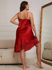 Solid Tassel Trim Cami Nightdress Women's Plus V Neck Sleepwear