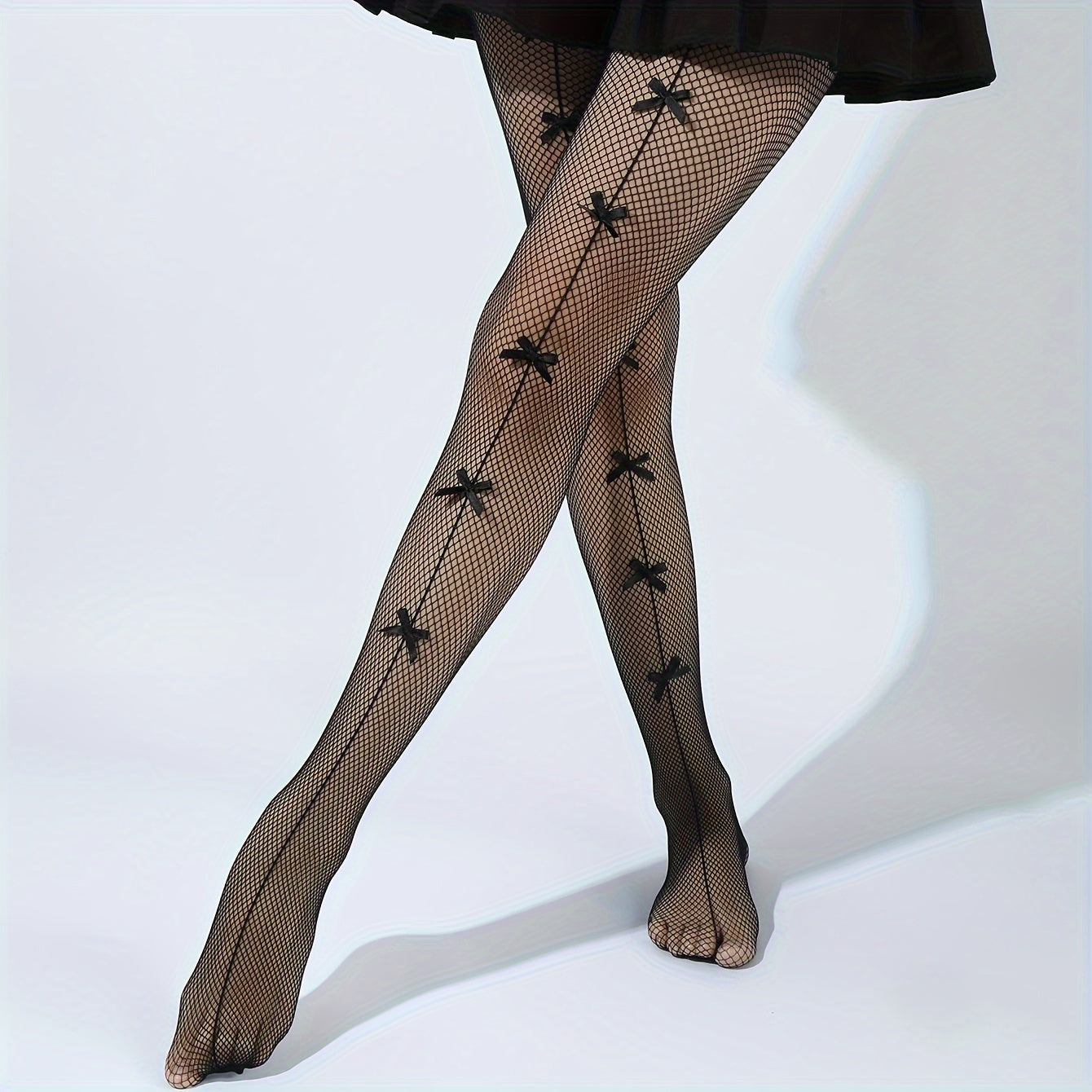 Bow Decor Fishnet Tights Hollow Out High Waist Mesh Pantyhose