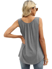Hollow Crew Neck Tank Top Pleated Sleeveless Summer Casual