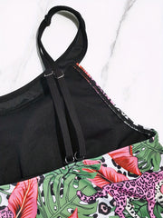 Vacay Tankini Set Leopard & Tropical Print Cami Top & Shorts Swimsuit