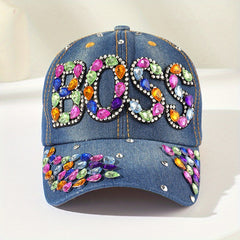 Rhinestone Denim Baseball Cap Distressed Dad Hat Y2K Sun Hat