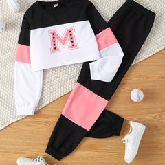 Girl's Letter M Pattern 2pcs Sweatshirt & Sweatpants Set