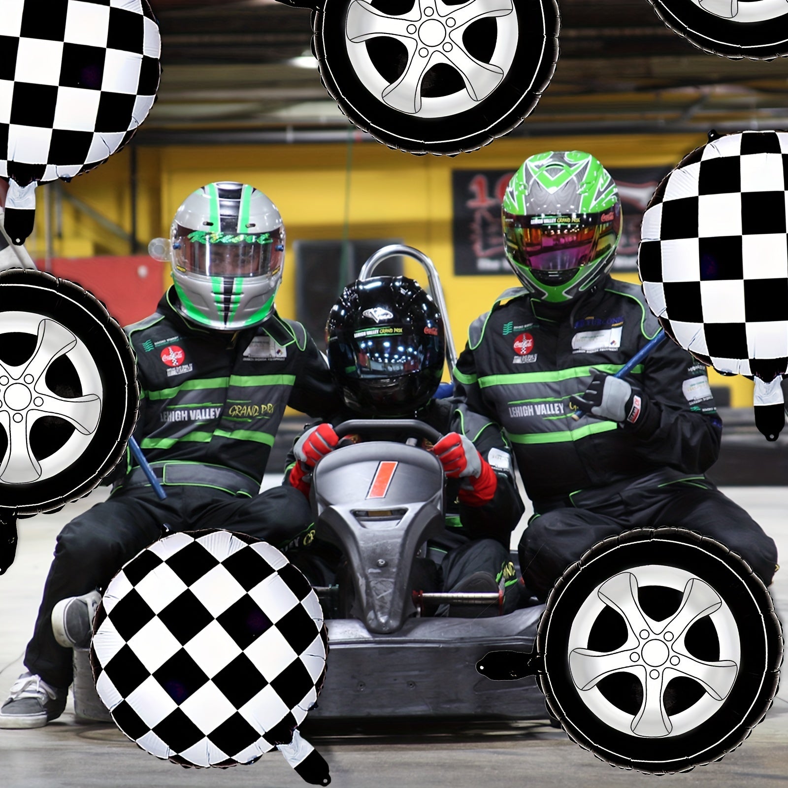 12 Pcs Checkered Racing Balloons & Car Wheel Aluminum Foil Race Car Balloons