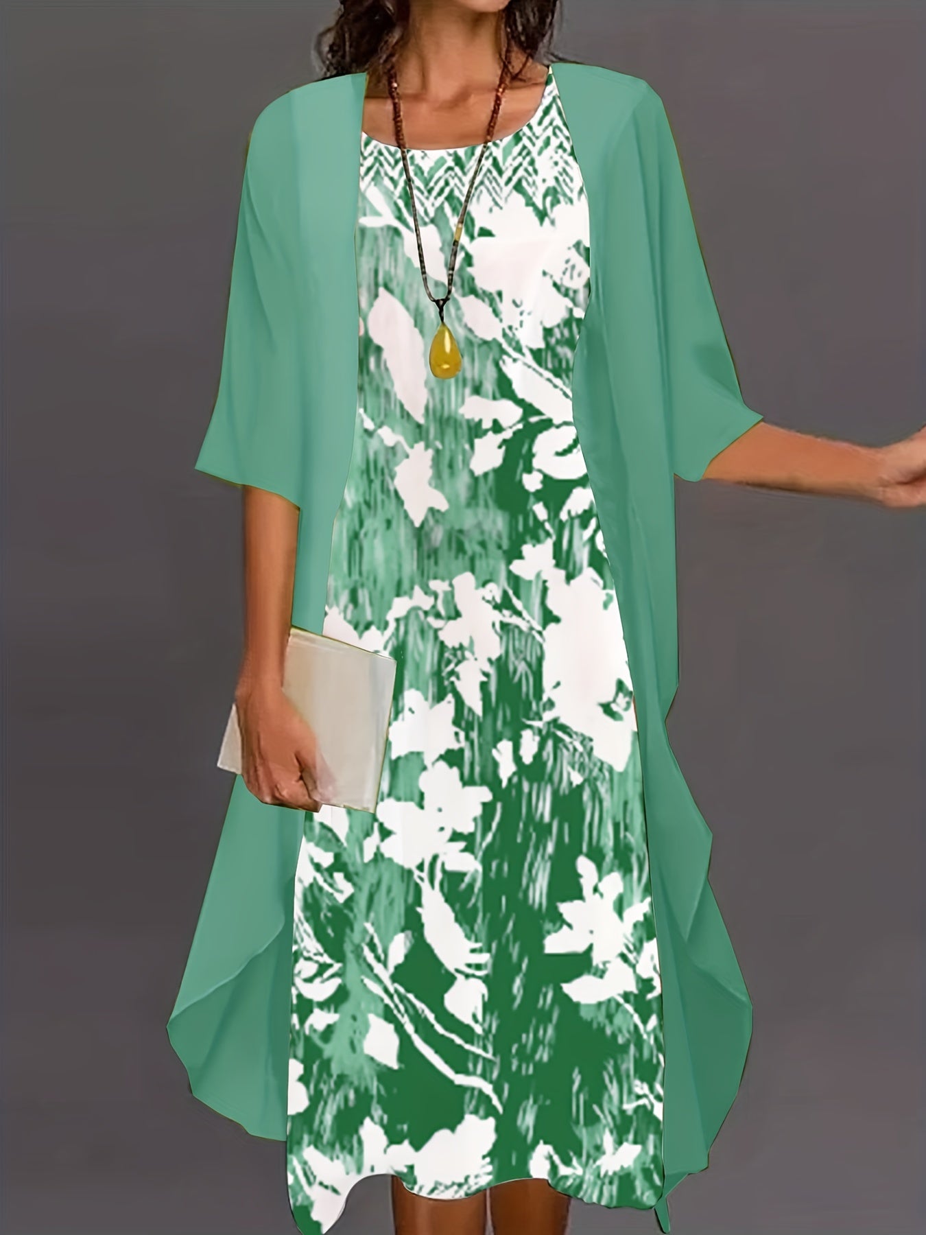 Plus Solid 3/4 Sleeve Cardigan & Floral Print Dress Outfit Set