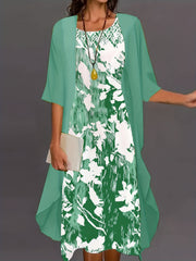 Plus Solid 3/4 Sleeve Cardigan & Floral Print Dress Outfit Set