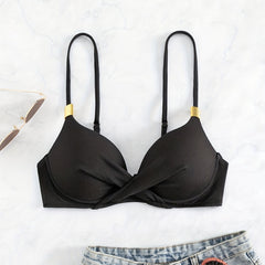 V Neck Layered Bikini Top Spaghetti Straps Back Buckle High Stretch Beachwear
