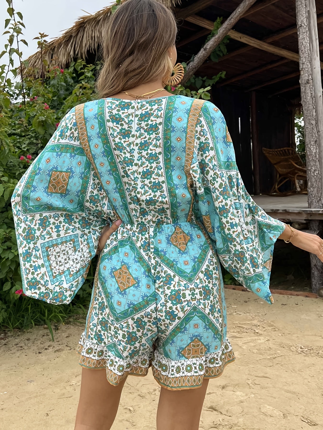 Bohemian Print Lace Up Waist Jumpsuit Bo...