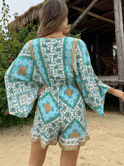 Bohemian Print Lace Up Waist Jumpsuit Bo...