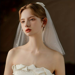 Vintage Mesh Head Veil with Comb Faux Pearl Bridal Wedding Hair Accessory
