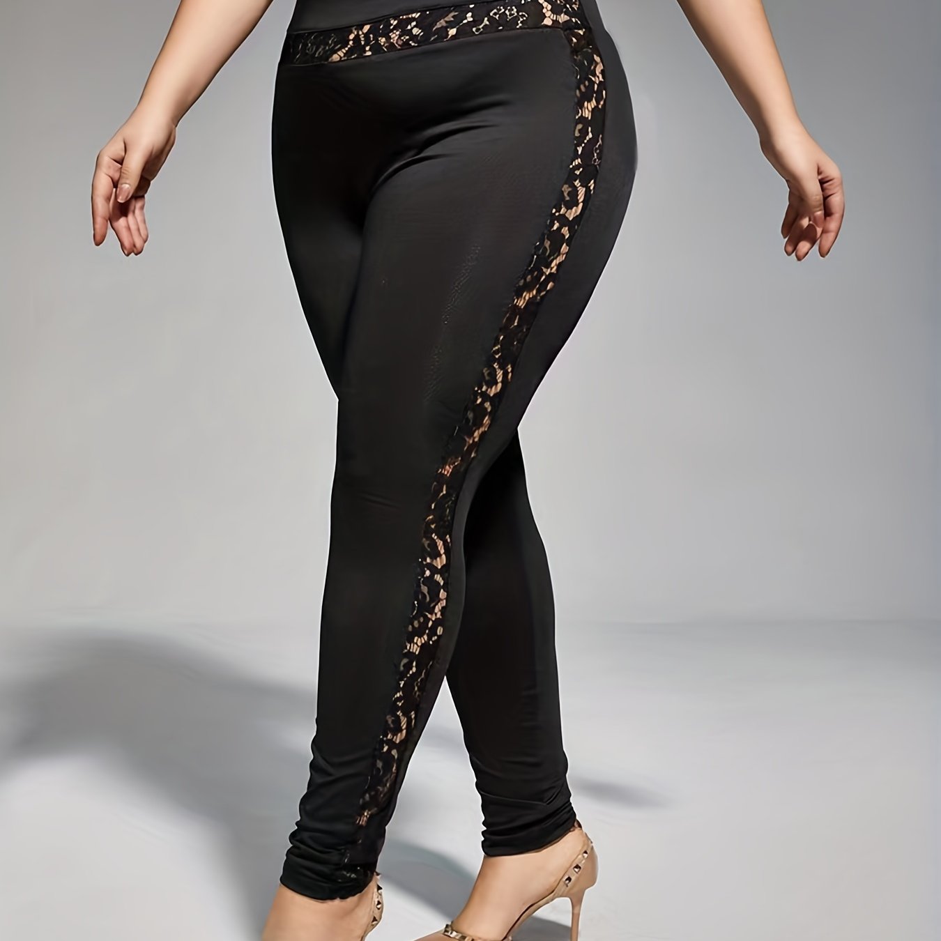 Casual Leggings Solid Lace Panel High Stretch Leggings