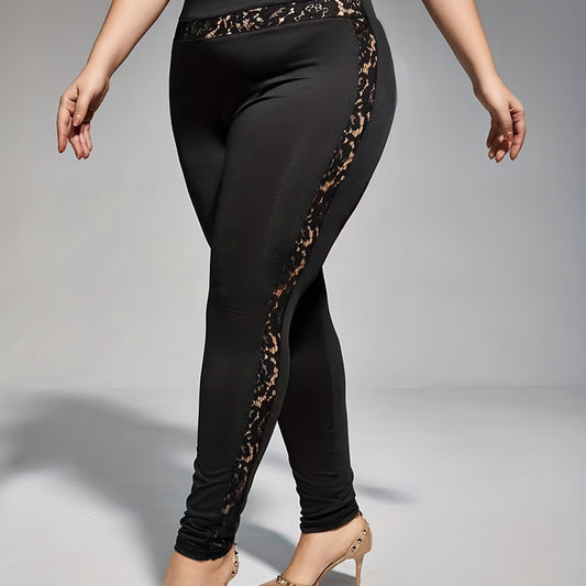 Casual Leggings Solid Lace Panel High Stretch Leggings