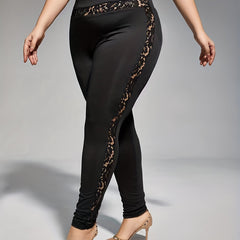 Casual Leggings Solid Lace Panel High Stretch Leggings